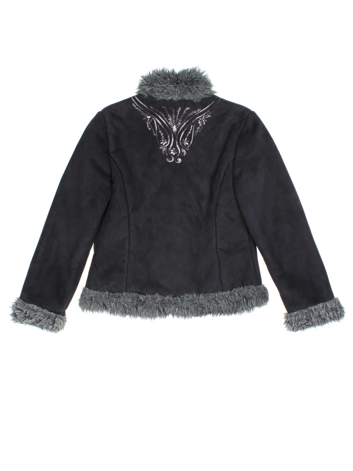 Y2K Embroidered Afghan Jacket in a black colourway, hook and eye fastening, embroidered detail and faux fur trim.