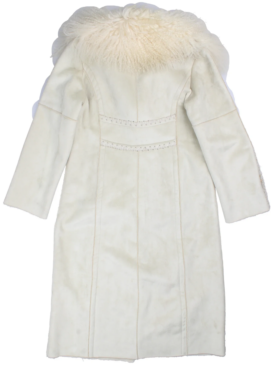 Vintage Mongolian Fur Coat in a white colourway, button popper fastening, top stitch embroidery detail and mongolian fur trim.