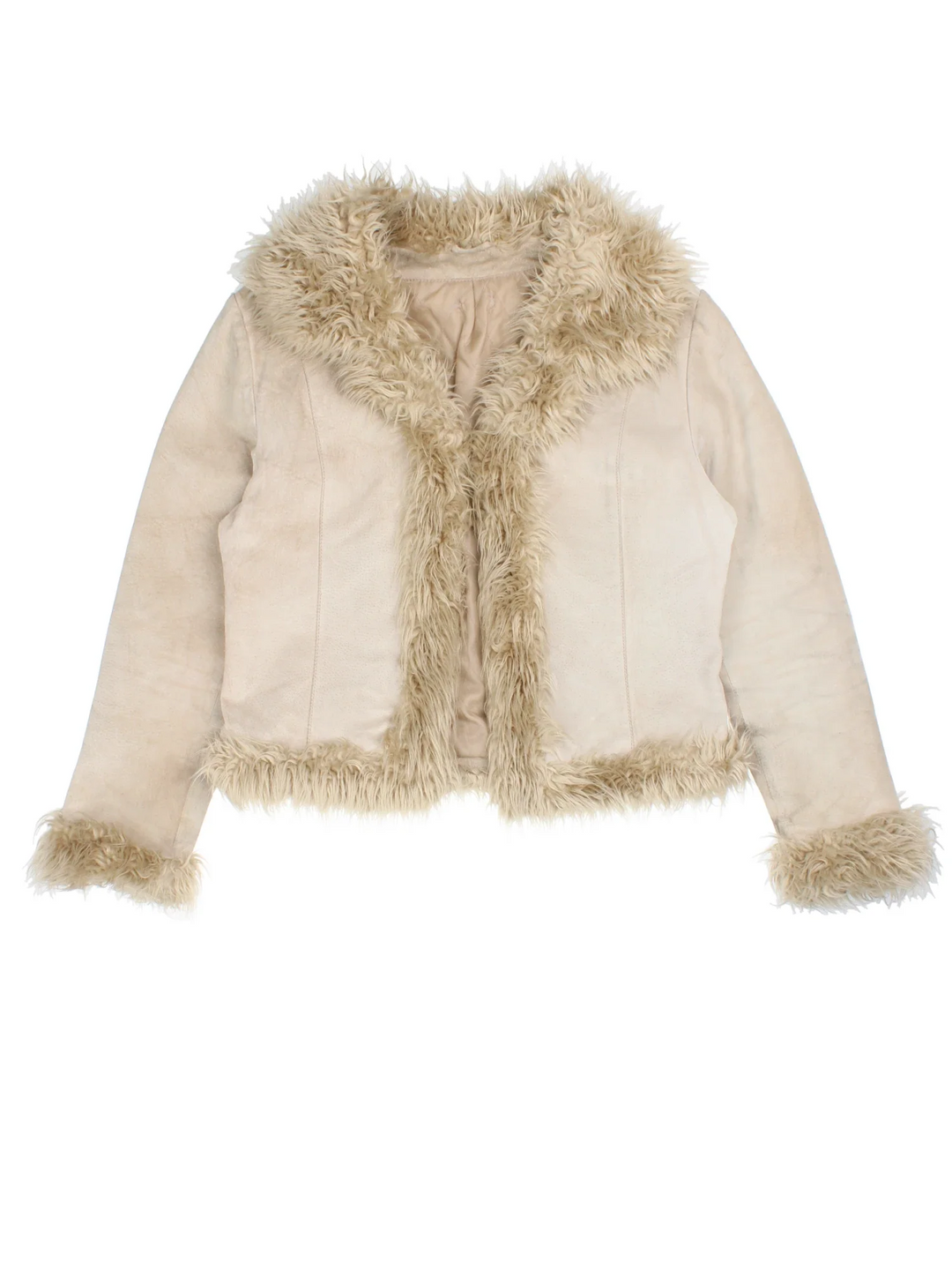 Y2K Afghan Jacket in a tan colourway, hook and eye fastening and faux fur trim.