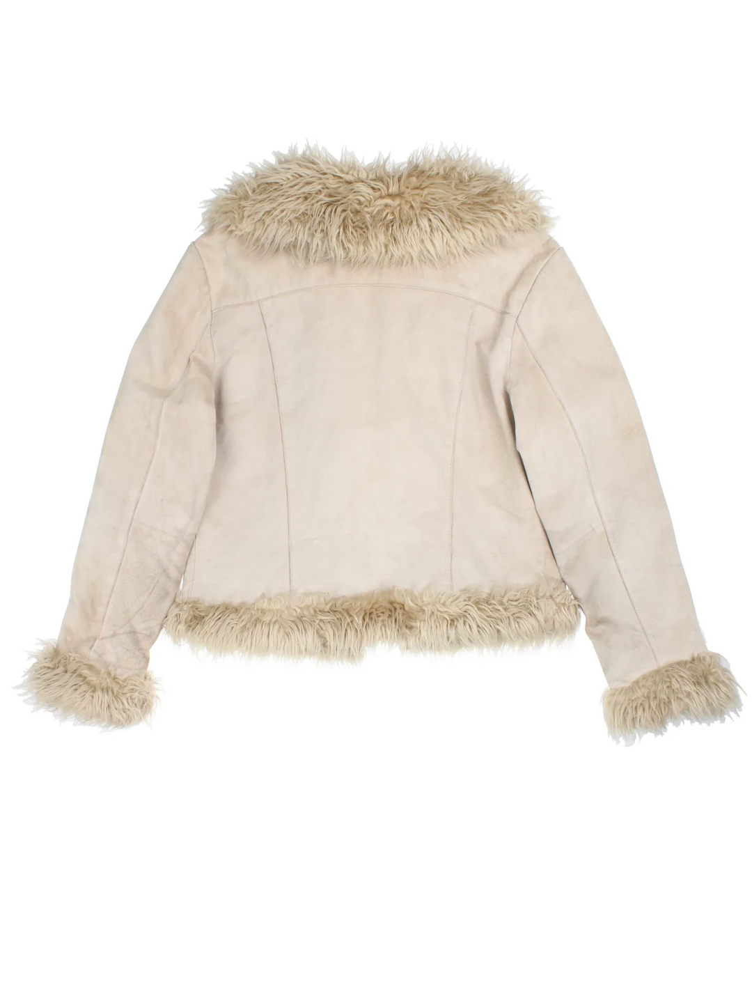 Y2K Afghan Jacket in a tan colourway, hook and eye fastening and faux fur trim.