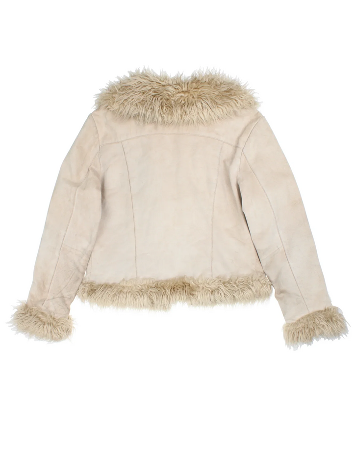 Y2K Afghan Jacket in a tan colourway, hook and eye fastening and faux fur trim.