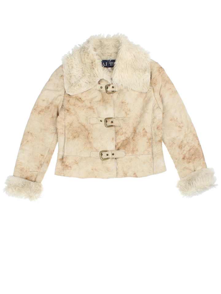 Y2K Armani Jeans Afghan Jacket in a tan colourway, buckle fastening/lining and faux fur trim.