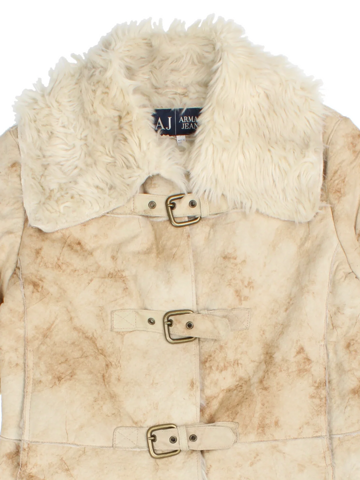Y2K Armani Jeans Afghan Jacket in a tan colourway, buckle fastening/lining and faux fur trim.