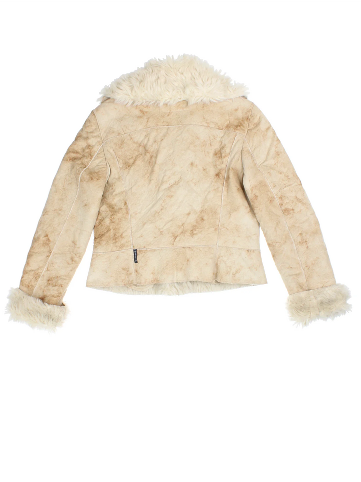 Y2K Armani Jeans Afghan Jacket in a tan colourway, buckle fastening/lining and faux fur trim.
