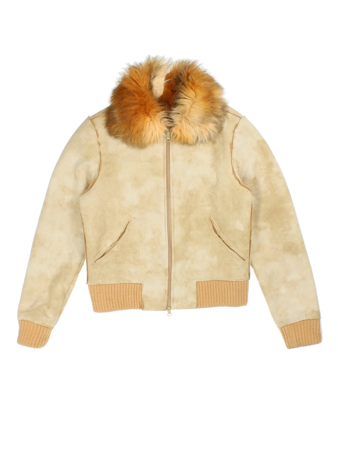 Y2K Faux Fur Bomber Jacket in a tan colourway, double zip fastening and faux fur trim.