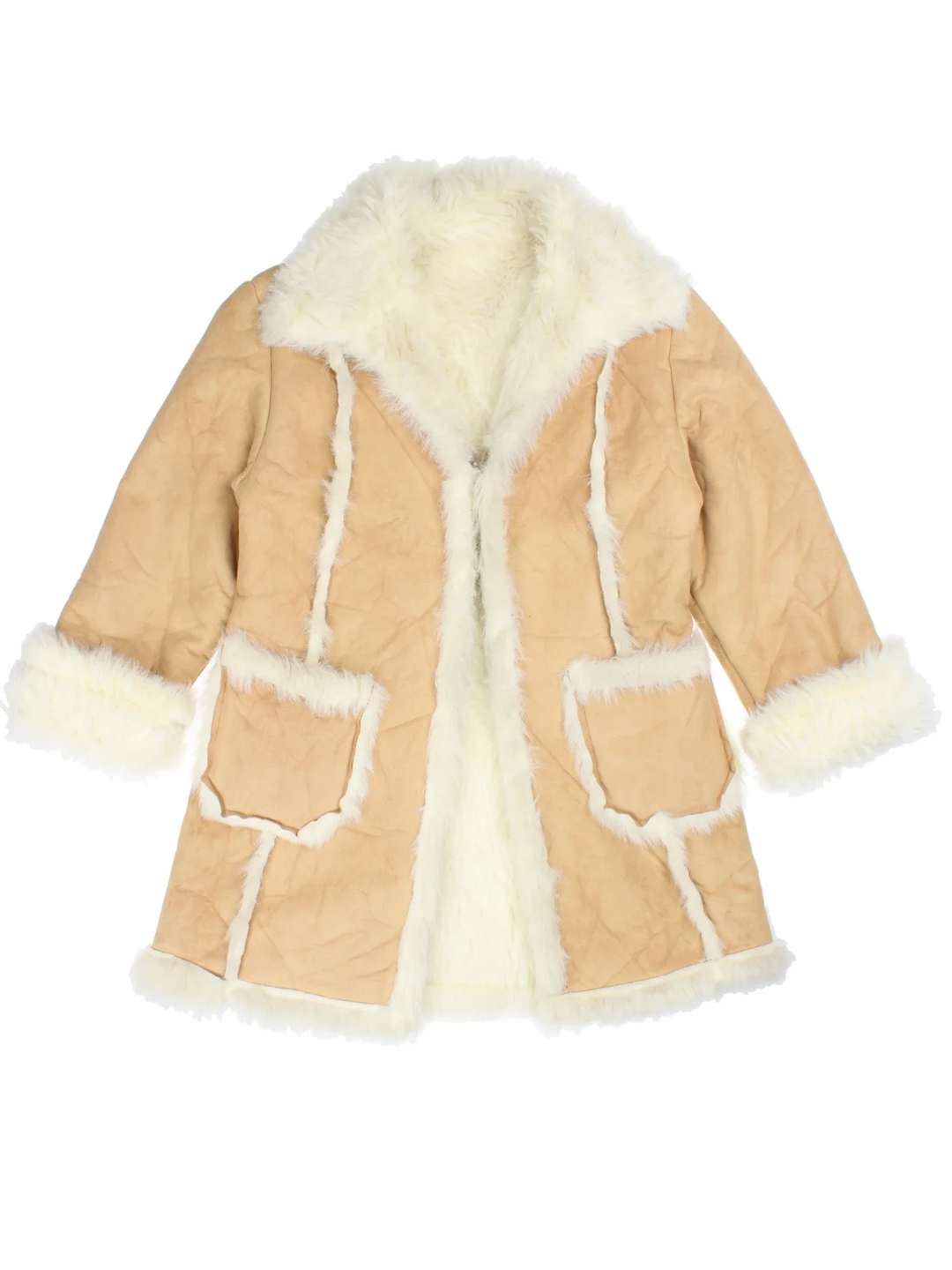 Y2K Faux Shearling Coat in a tan colourway, hook and eye fastening and faux fur trim.