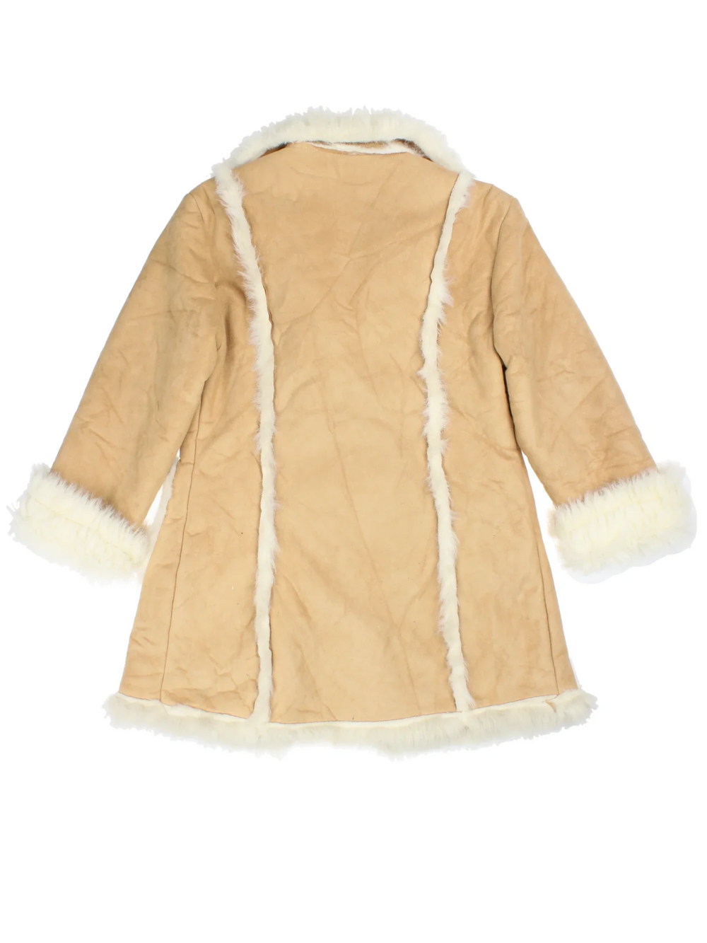 Y2K Faux Shearling Coat in a tan colourway, hook and eye fastening and faux fur trim.