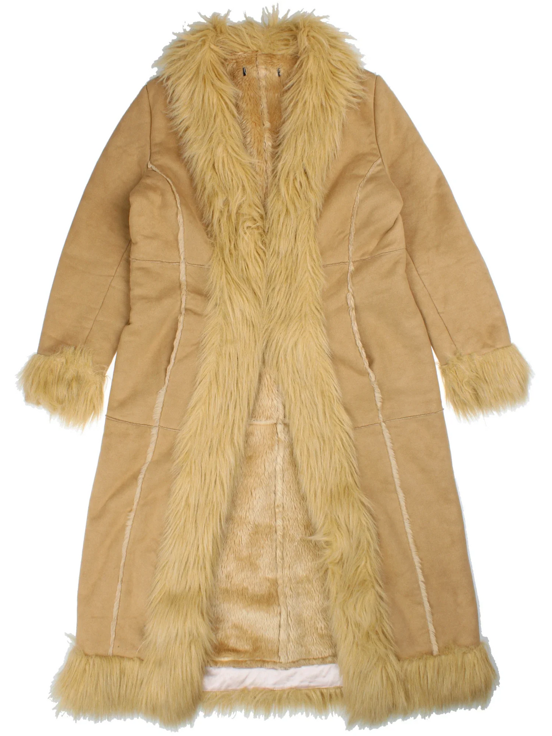 Y2K Afghan Jacket in a brown colourway, hook and eye fastening and faux fur trim.