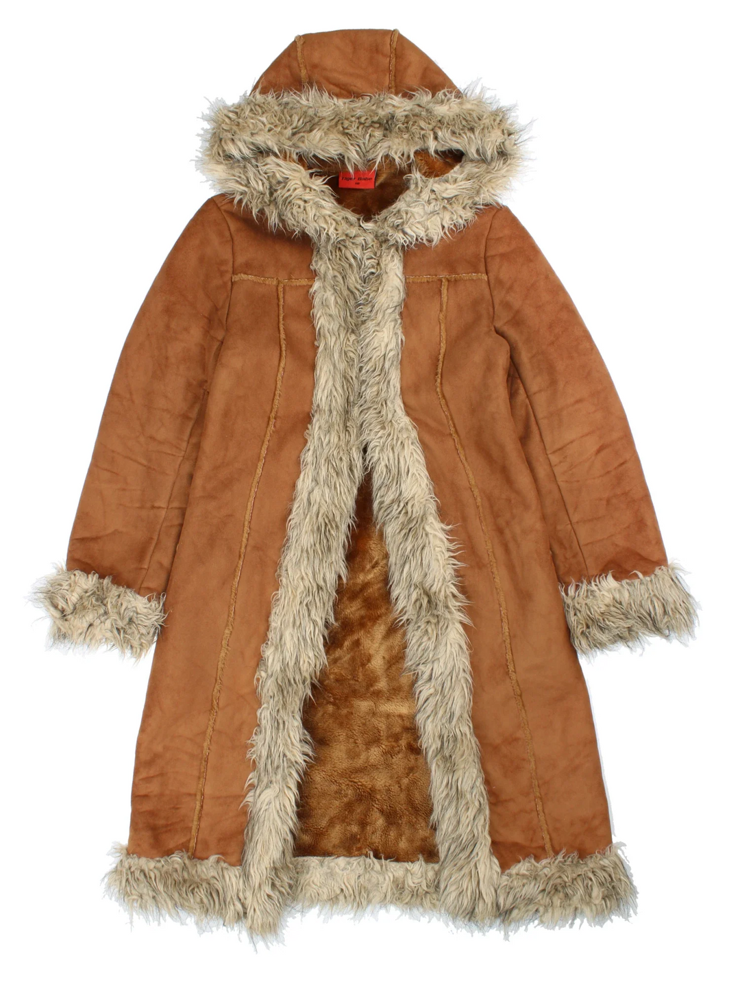 Y2K Hooded Penny Lane Afghan Coat in a brown colourway, hook and eye fastening, hooded and faux fur trim/lining.