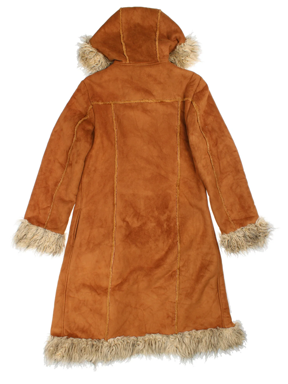 Y2K Hooded Penny Lane Afghan Coat in a brown colourway, hook and eye fastening, hooded and faux fur trim/lining.