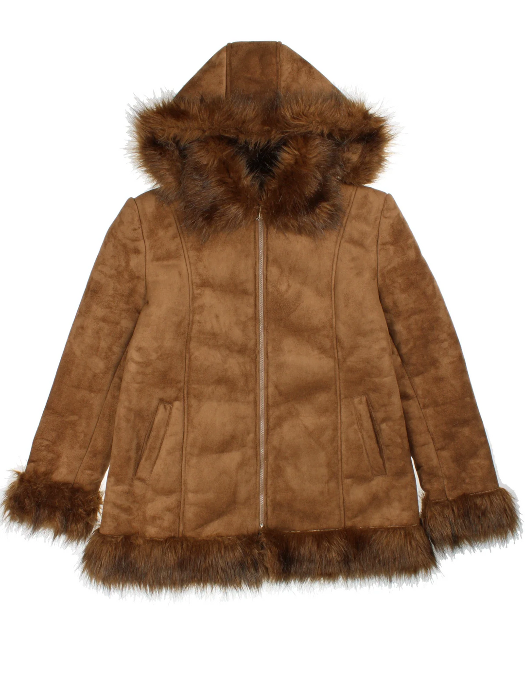 Y2K Afghan Coat in a brown colourway, zip fastening, detatachable hood and faux fur trim/lining.