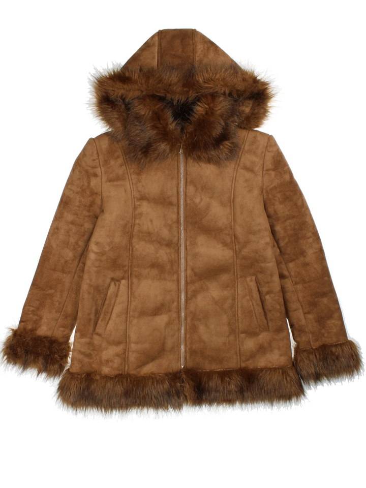 Y2K Afghan Coat in a brown colourway, zip fastening, detatachable hood and faux fur trim/lining.