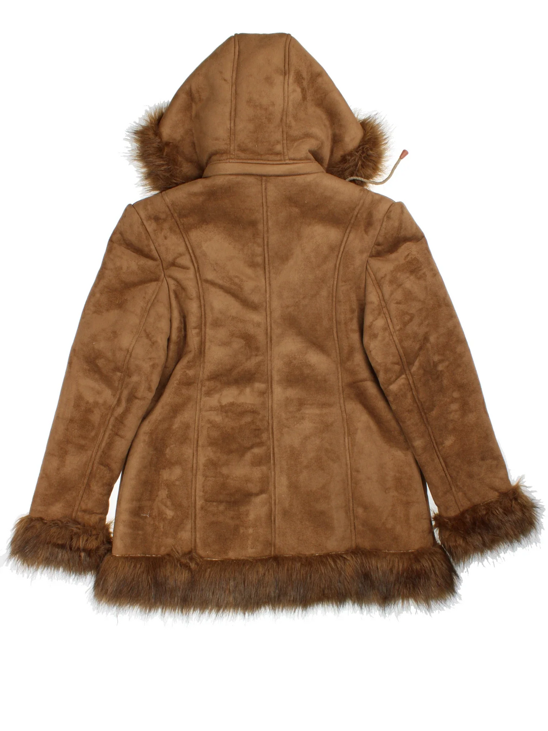 Y2K Afghan Coat in a brown colourway, zip fastening, detatachable hood and faux fur trim/lining.