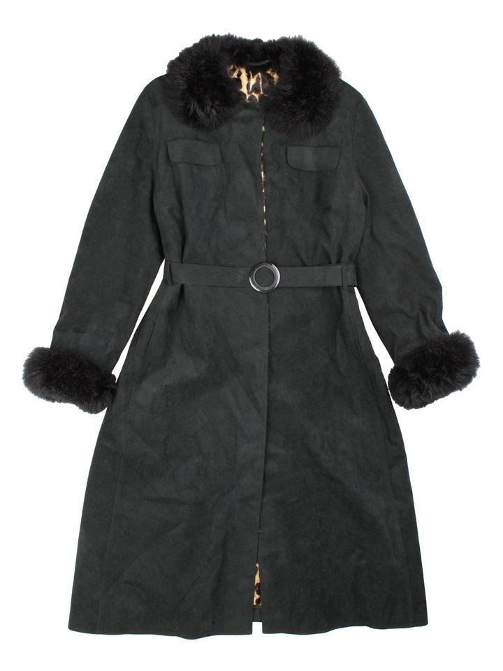 Vintage Leopard Print Lined Afghan Coat in a black colourway. Popper button fastening with breast pocket, full leapard print lining and faux fur collar and cuffs.