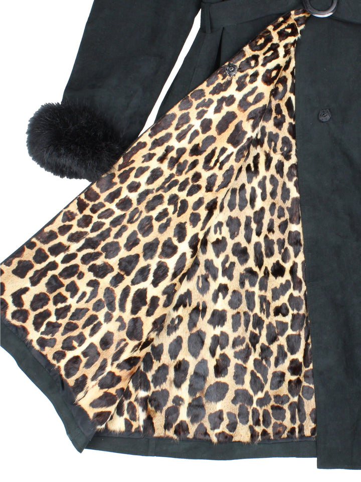 Vintage Leopard Print Lined Afghan Coat in a black colourway. Popper button fastening with breast pocket, full leapard print lining and faux fur collar and cuffs.