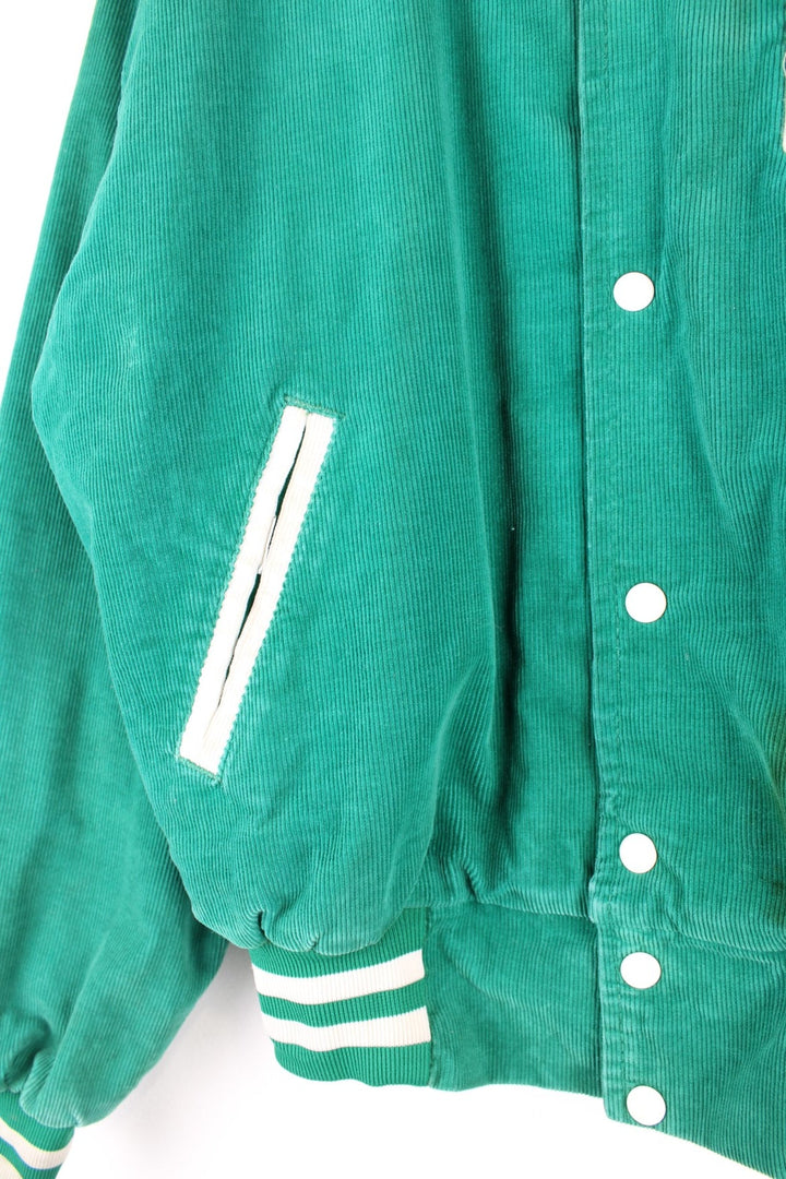 Vintage West Wind / Colchester Laker's corduroy varsity jacket in a green colourway. The jacket has a large Colchester Lakers tufted patch on the front panel, and Colchester is also embroidered on the back. There are jetted pockets, with a contrasting white cord trim and press studs to fasten. Made in the USA. 