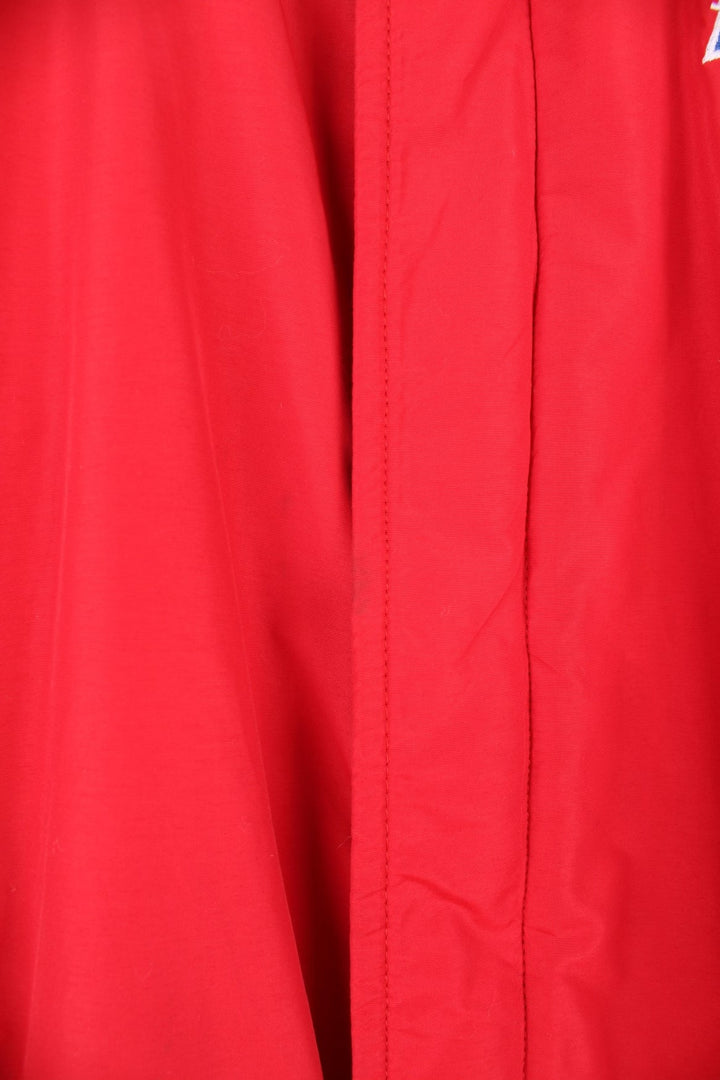 Crown of California bomber jacket in red with snap closure, two pockets and embroidered Budweiser and Bud Light logos on the chest, sleeves and back. 