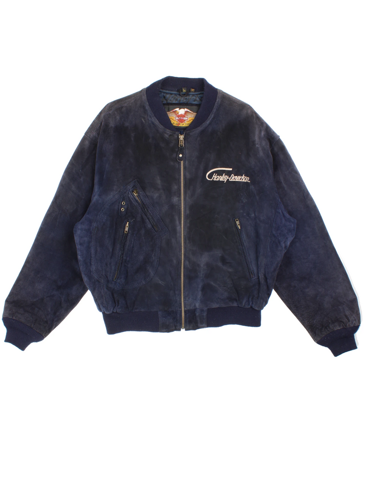 Vintage rare Harley-Davidson v-twin power navy blue suede bomber jacket with embroidered detail on the chest and large spell-out motif on the back with raised engine embellishments 