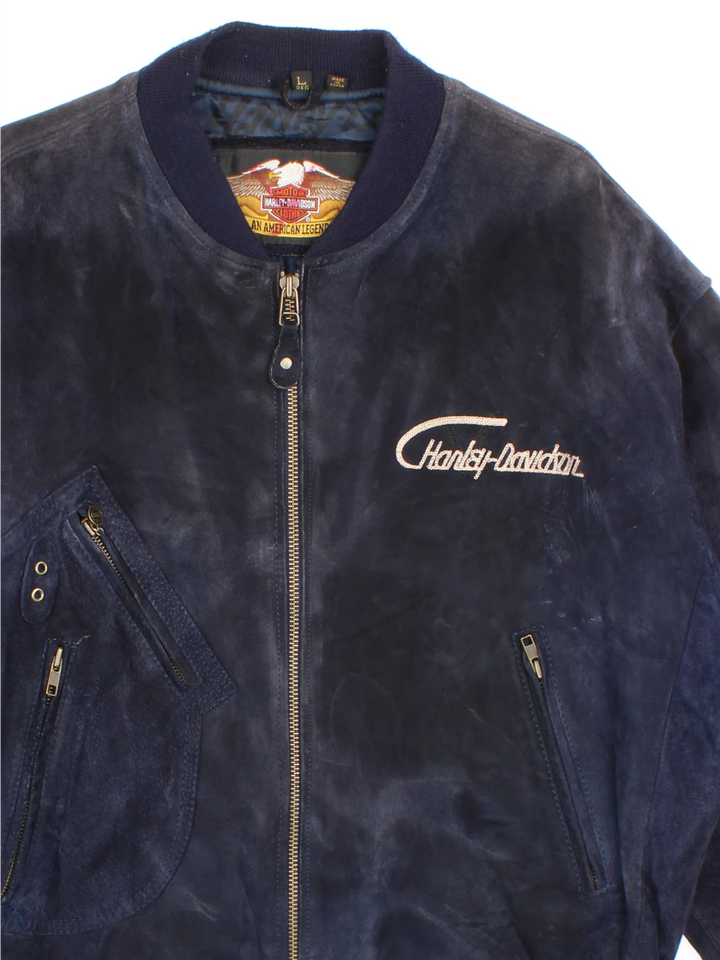 Vintage rare Harley-Davidson v-twin power navy blue suede bomber jacket with embroidered detail on the chest and large spell-out motif on the back with raised engine embellishments 