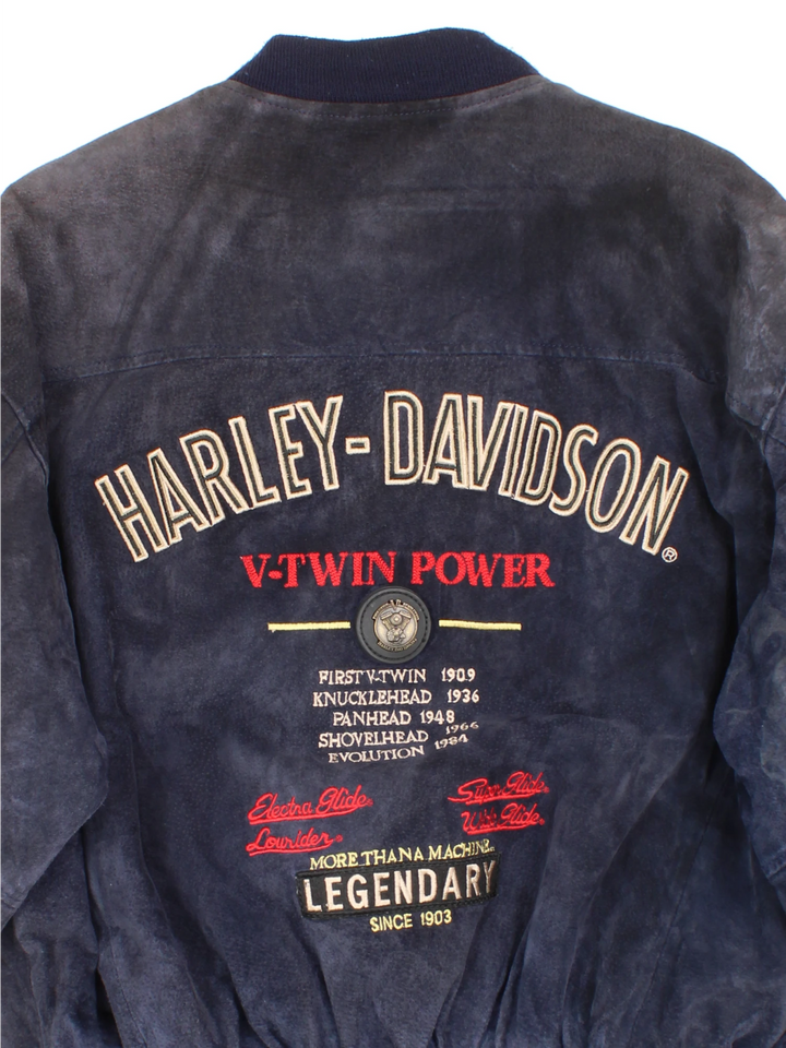 Vintage rare Harley-Davidson v-twin power navy blue suede bomber jacket with embroidered detail on the chest and large spell-out motif on the back with raised engine embellishments 
