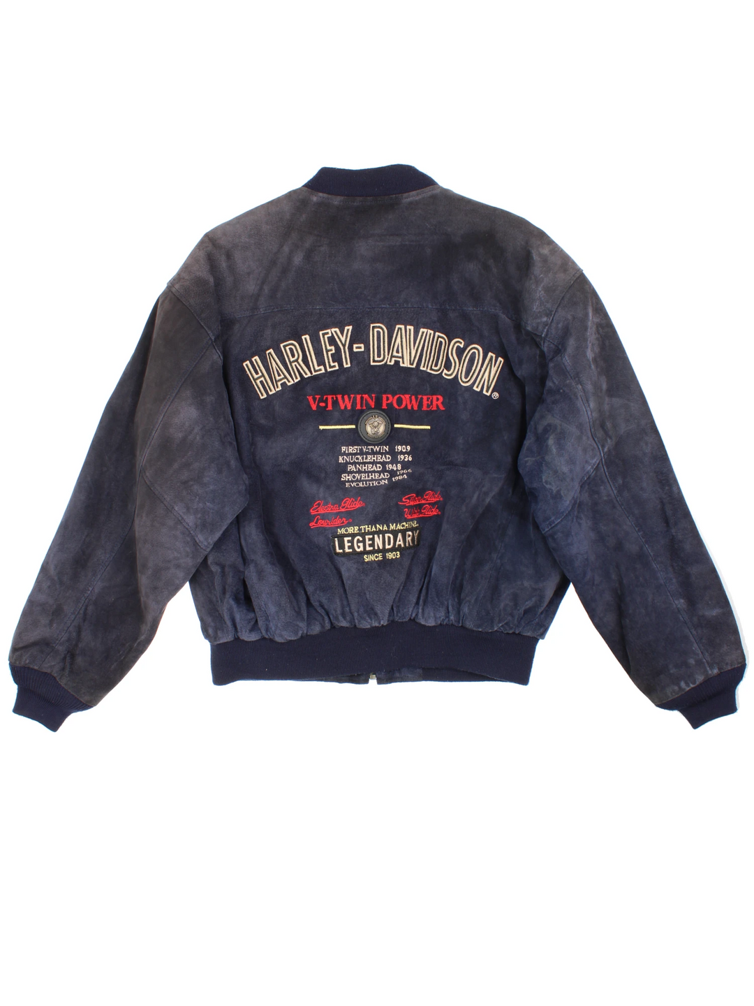 Vintage rare Harley-Davidson v-twin power navy blue suede bomber jacket with embroidered detail on the chest and large spell-out motif on the back with raised engine embellishments 