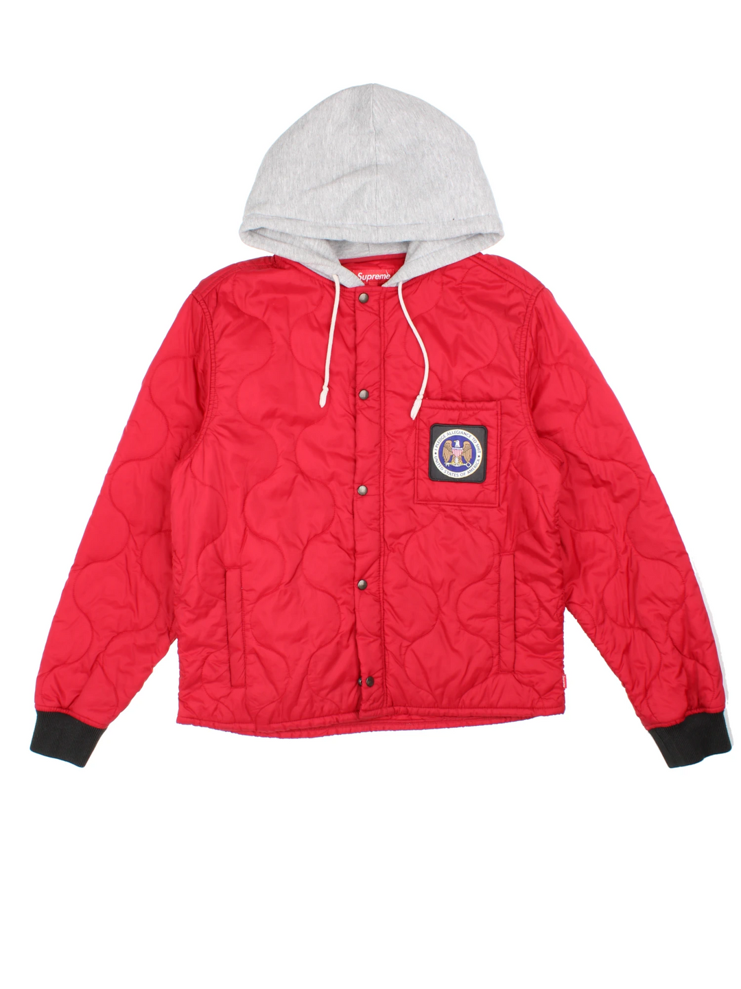 Supreme Quilted Liner Hooded Jacket in a red colourway with a grey cotton hood, "I pledge allegiance to shit, USA" badge embroidered on the front, and has multiple pockets.