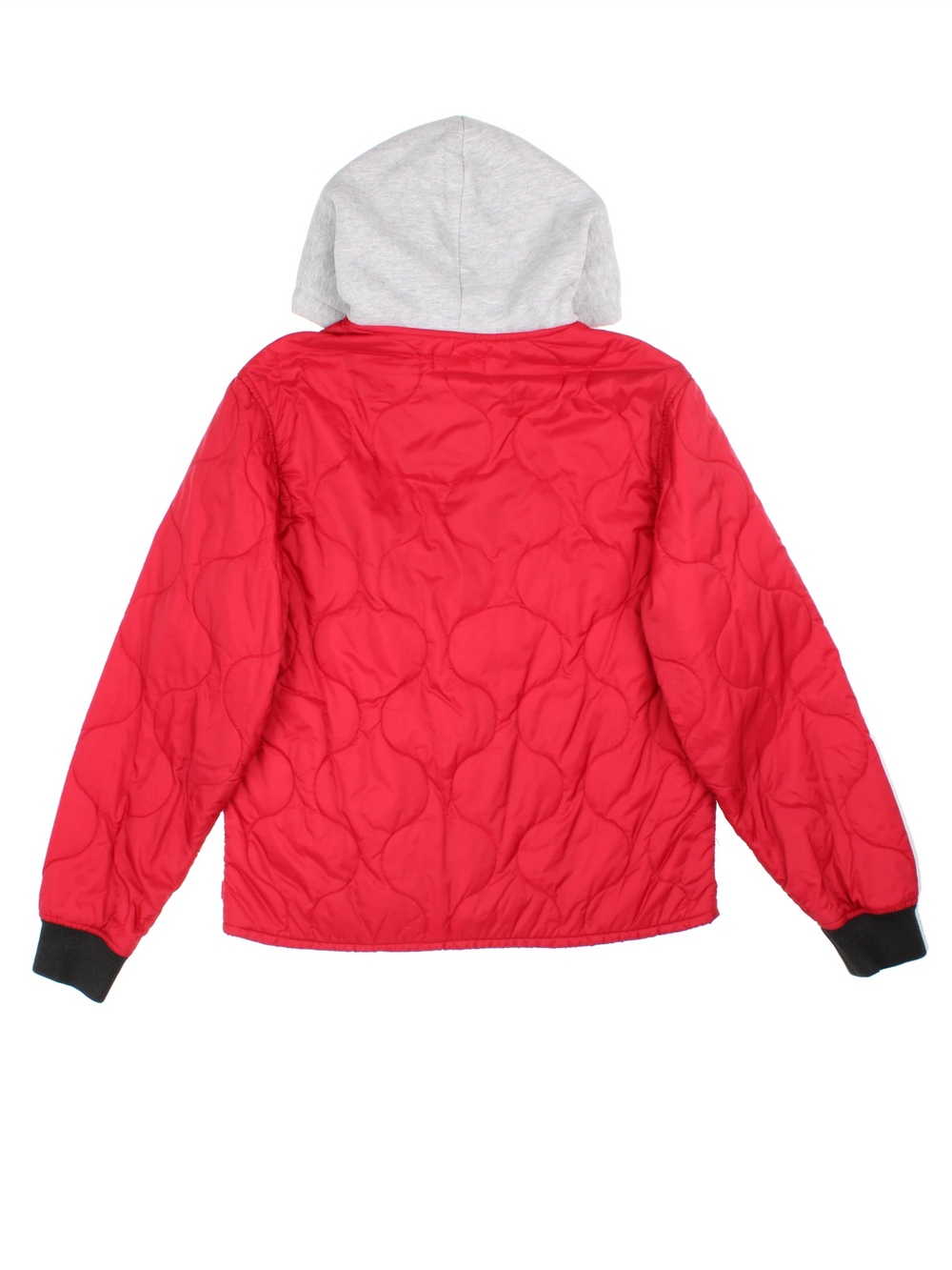 Supreme Quilted Liner Hooded Jacket in a red colourway with a grey cotton hood, "I pledge allegiance to shit, USA" badge embroidered on the front, and has multiple pockets.