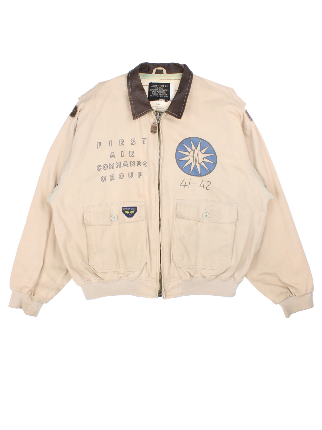 Vintage Avirex type G-1 tan cotton flight jacket with all over printed details and embroidered badge on the pocket