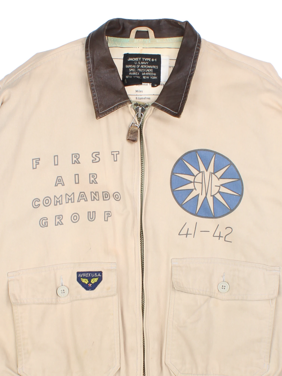 Vintage Avirex type G-1 tan cotton flight jacket with all over printed details and embroidered badge on the pocket