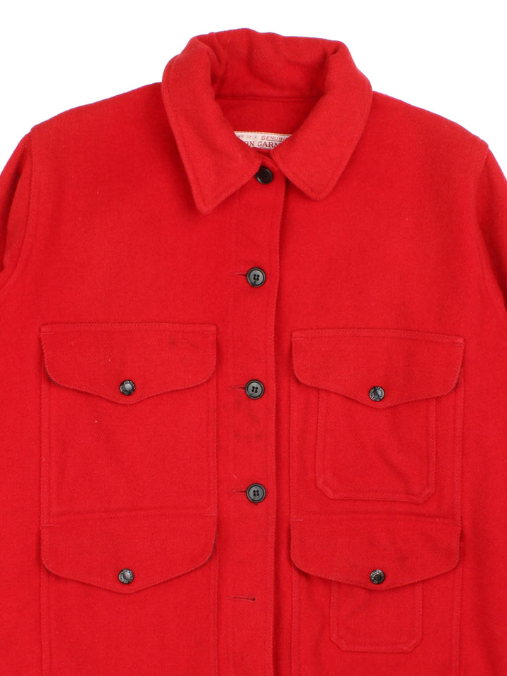 Vintage 70's Filson Mackinaw Cruiser Jacket in a red colourway, buttons up and has multiple pockets, including a big pouch pocket on the back.