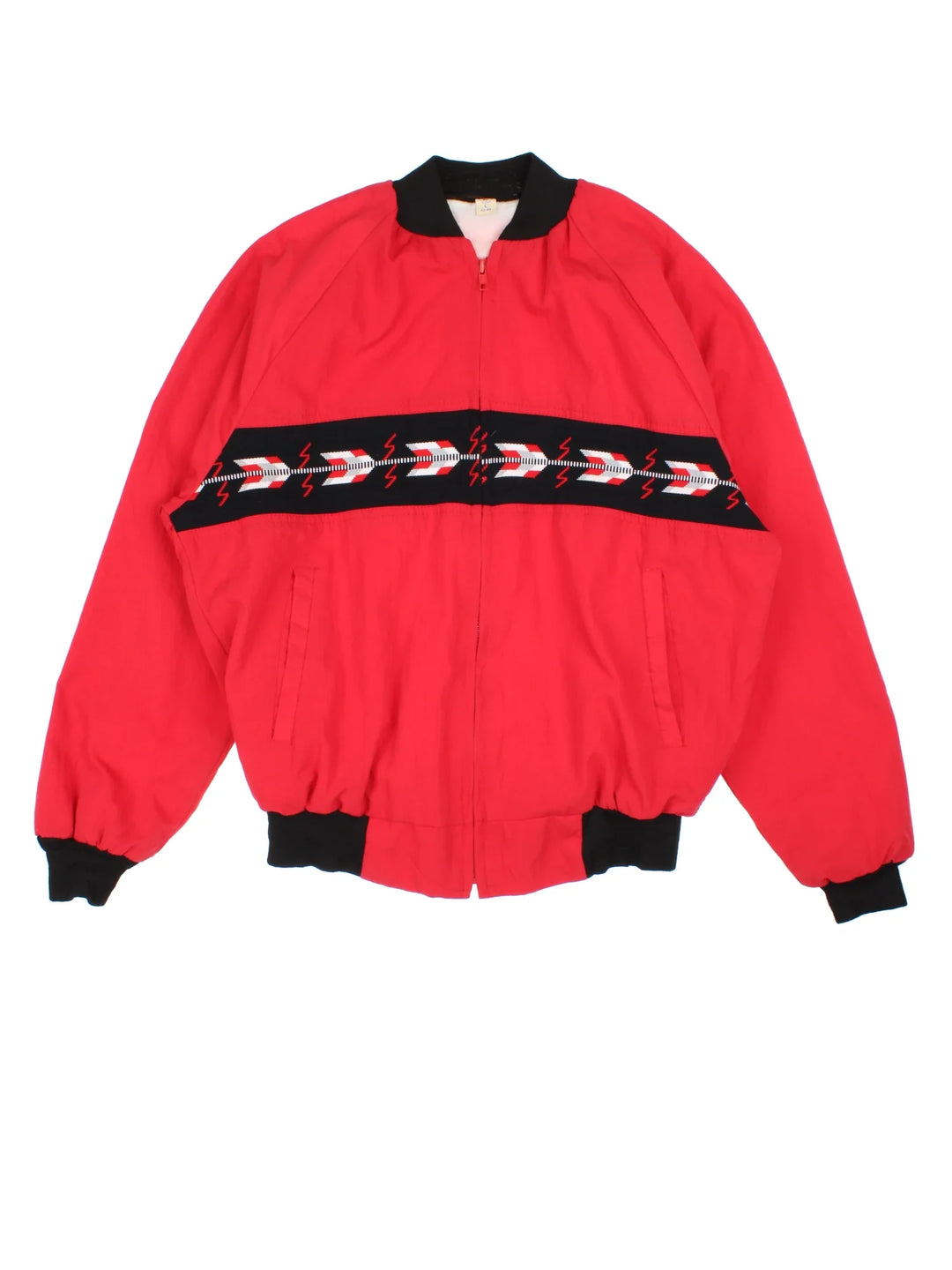 Vintage 90's Aztec Patterned Bomber Jacket in a red colourway. Buttons up and has side pockets, and Aztec style stripe pattern across the front.