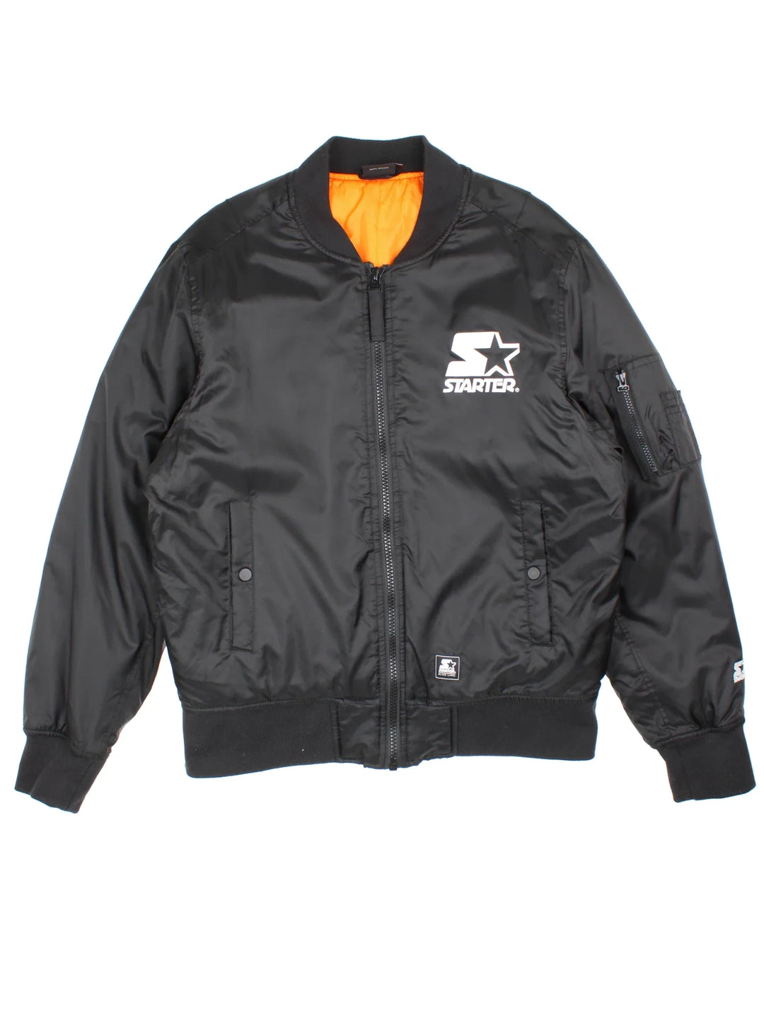 Starter Bomber Jacket in a black colourway. Zips up and has multiple pockets, insulated lining, and has the logo embroidered on the front and back.