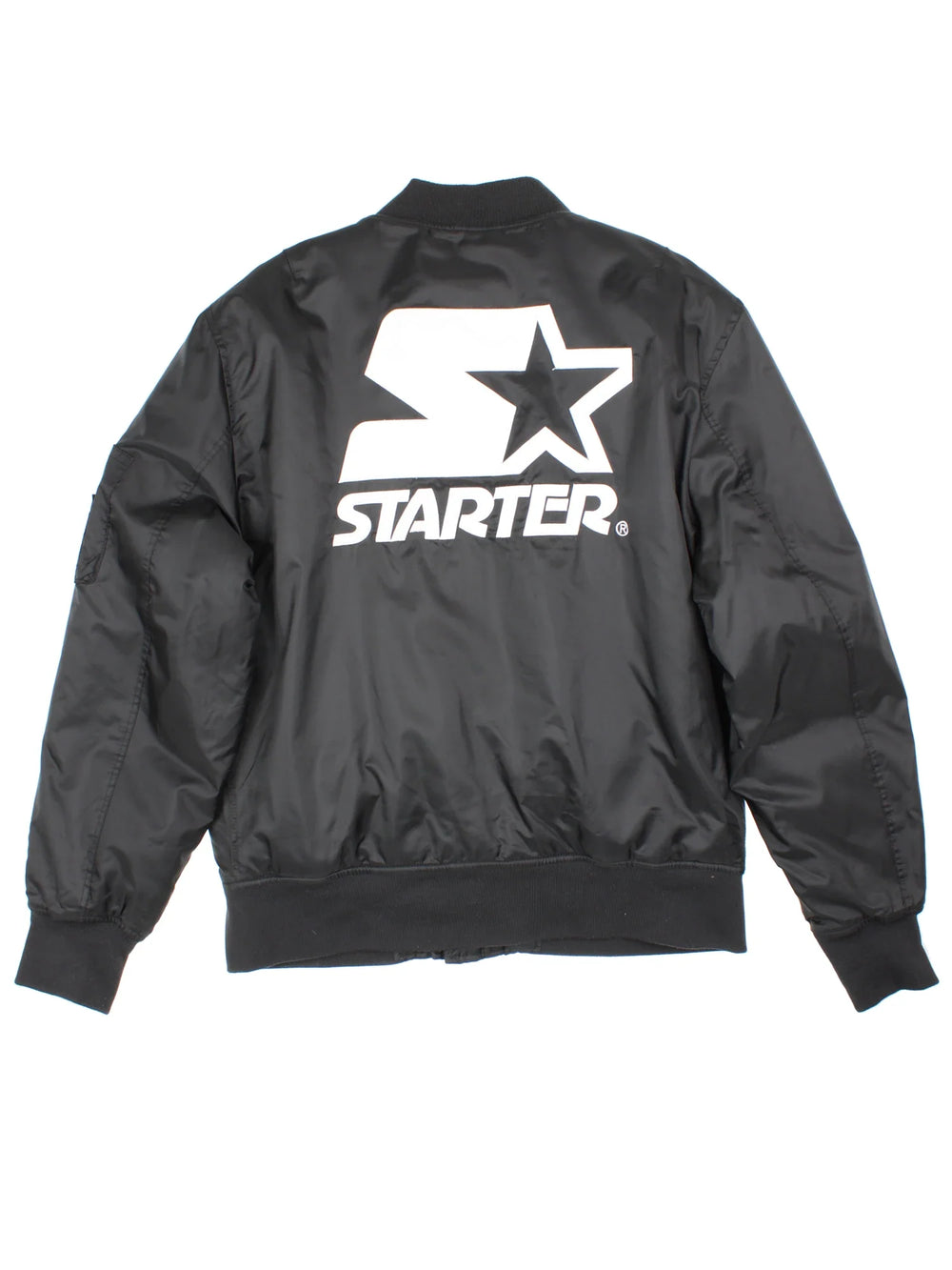 Starter Bomber Jacket in a black colourway. Zips up and has multiple pockets, insulated lining, and has the logo embroidered on the front and back.