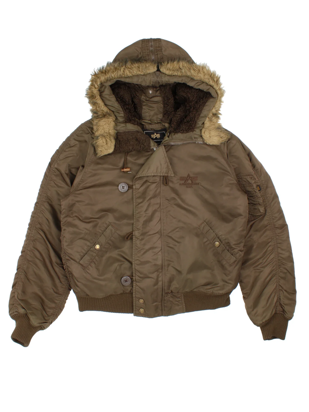 Alpha Industries Short Parka Coat in a brown colourway. Zip and button up closure, has multiple pockets, insulated lining, hooded with faux fur trim, and has the logo embroidered on the front.
