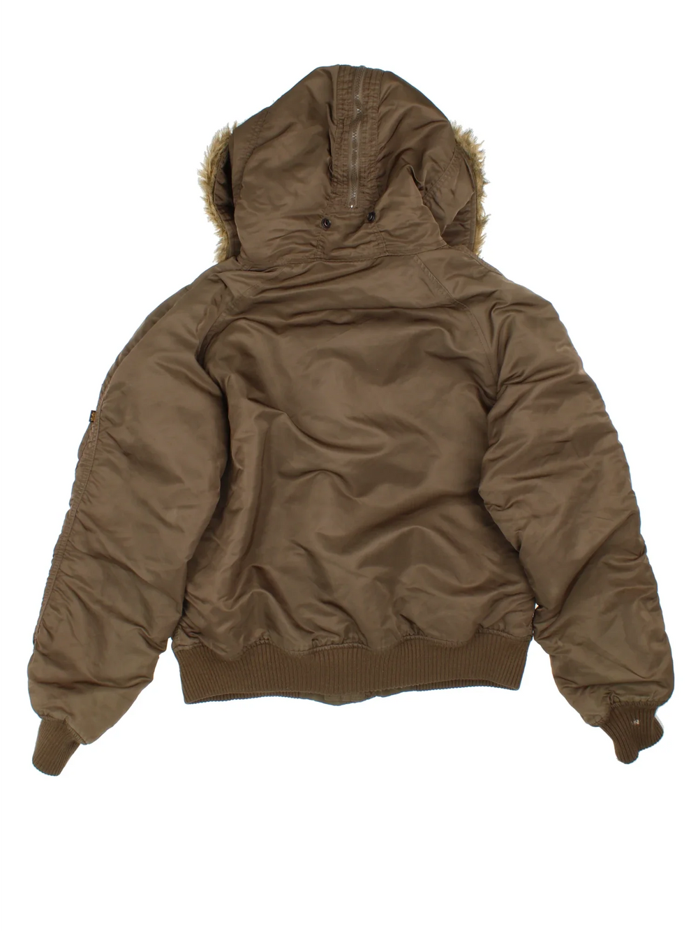 Alpha Industries Short Parka Coat in a brown colourway. Zip and button up closure, has multiple pockets, insulated lining, hooded with faux fur trim, and has the logo embroidered on the front.