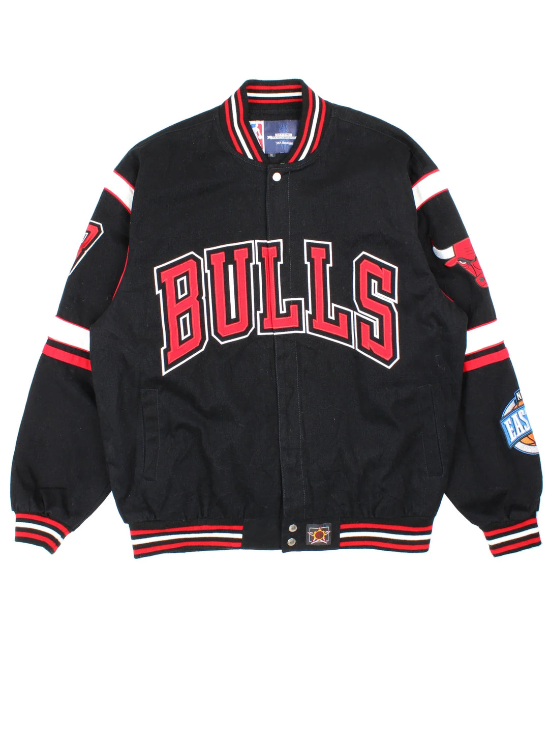 Vintage 90's Chicago Bulls Jeff Hamilton NBA Varsity Jacket in a black colourway. Buttons up and has side pockets, and the team spell out and logos embroidered all over.