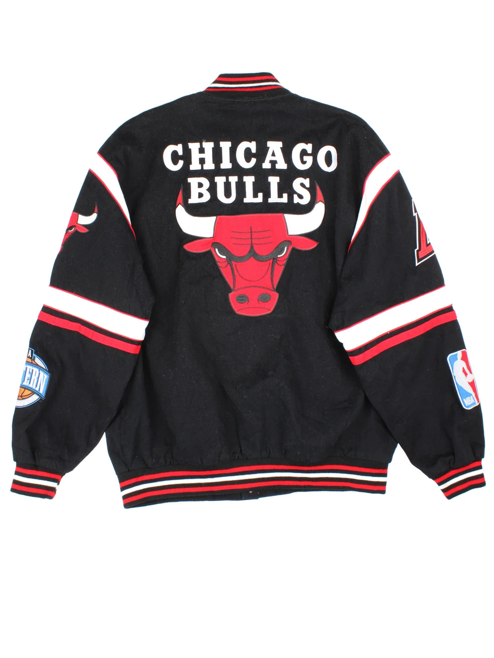 Vintage 90's Chicago Bulls Jeff Hamilton NBA Varsity Jacket in a black colourway. Buttons up and has side pockets, and the team spell out and logos embroidered all over.