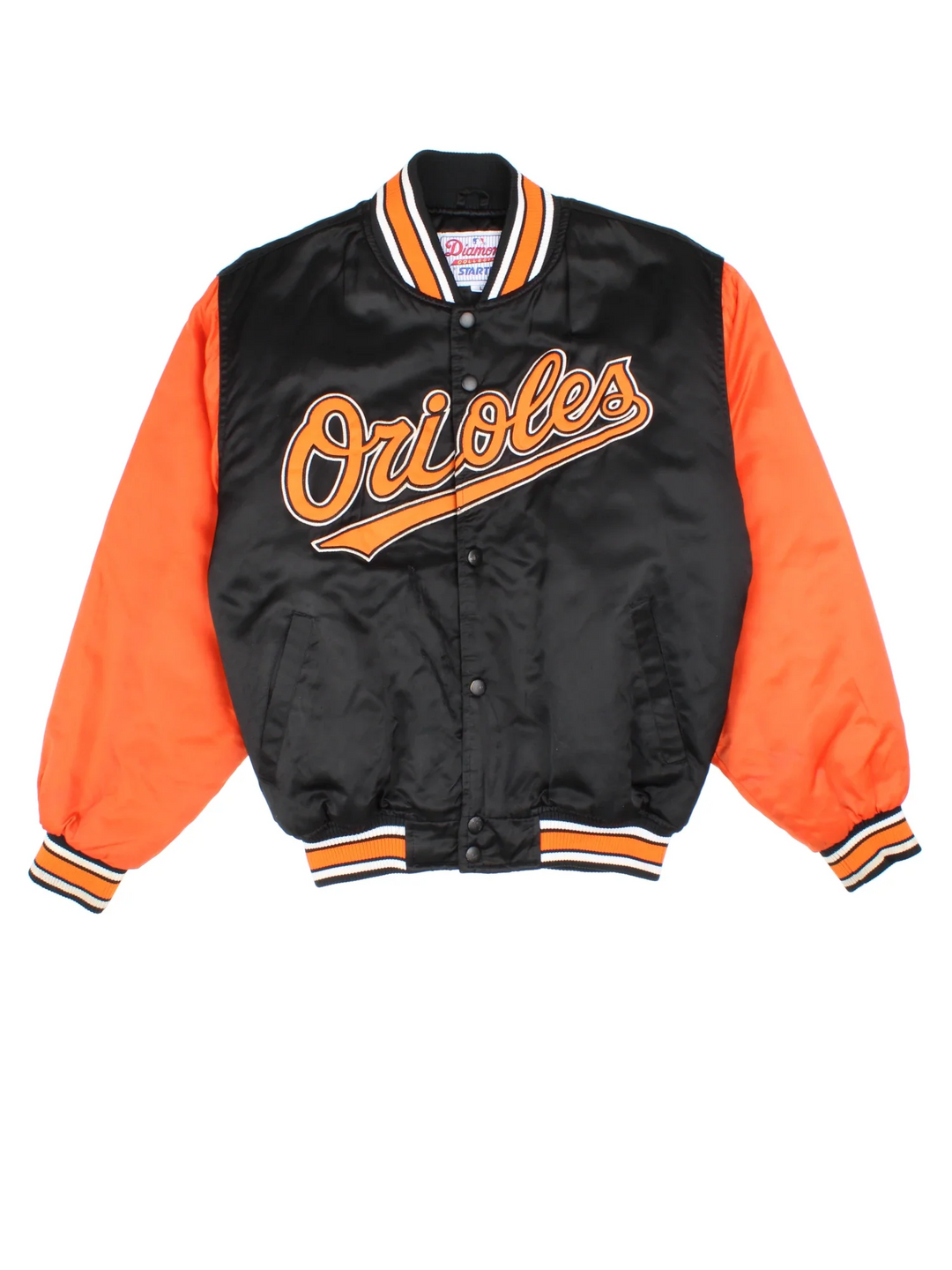 90's Baltimore Orioles MLB Varsity Jacket in a black and orange colourway. Buttons up and has side pockets, insulated lining, and has the team spell out logo embroidered across the front.