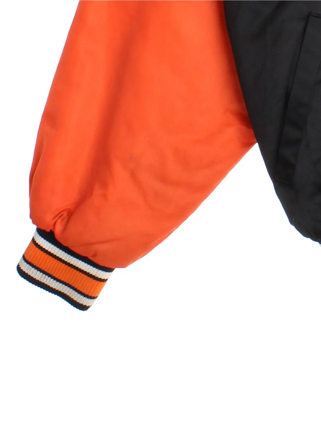 90's Baltimore Orioles MLB Varsity Jacket in a black and orange colourway. Buttons up and has side pockets, insulated lining, and has the team spell out logo embroidered across the front.