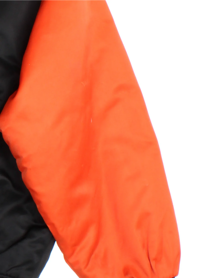 90's Baltimore Orioles MLB Varsity Jacket in a black and orange colourway. Buttons up and has side pockets, insulated lining, and has the team spell out logo embroidered across the front.