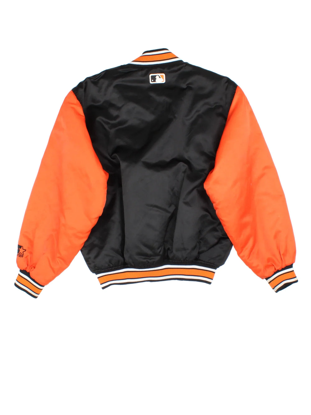 90's Baltimore Orioles MLB Varsity Jacket in a black and orange colourway. Buttons up and has side pockets, insulated lining, and has the team spell out logo embroidered across the front.