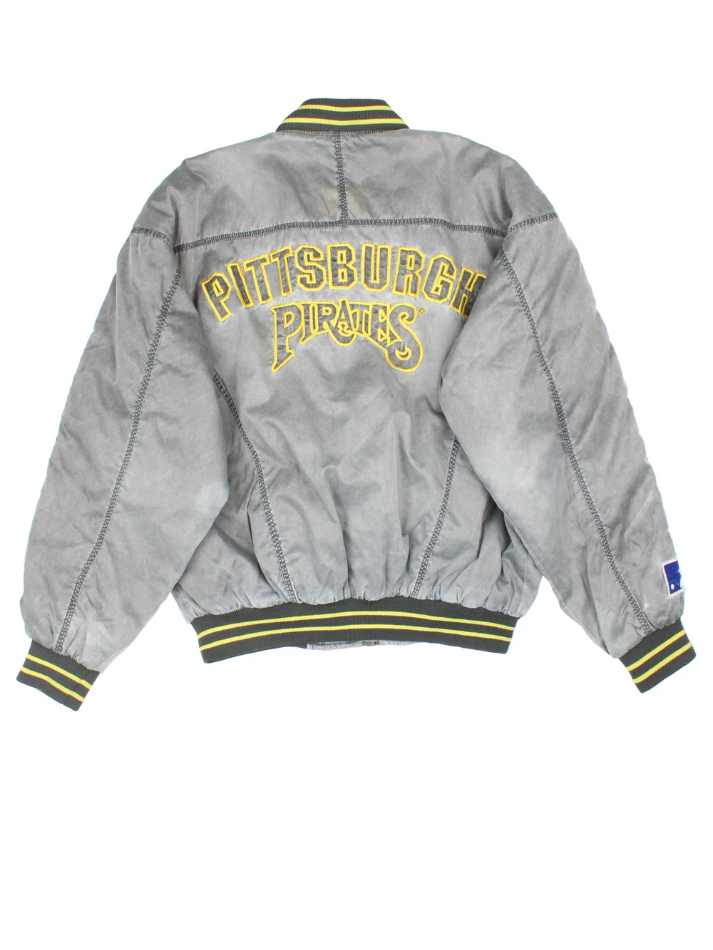 Pittsburgh Pirates MLB Bomber Jacket in a grey colourway. Zips up and has side pockets, insulated lining, contrast stitching detailng all over and has the logo embroidered on the front and spell out on the back.