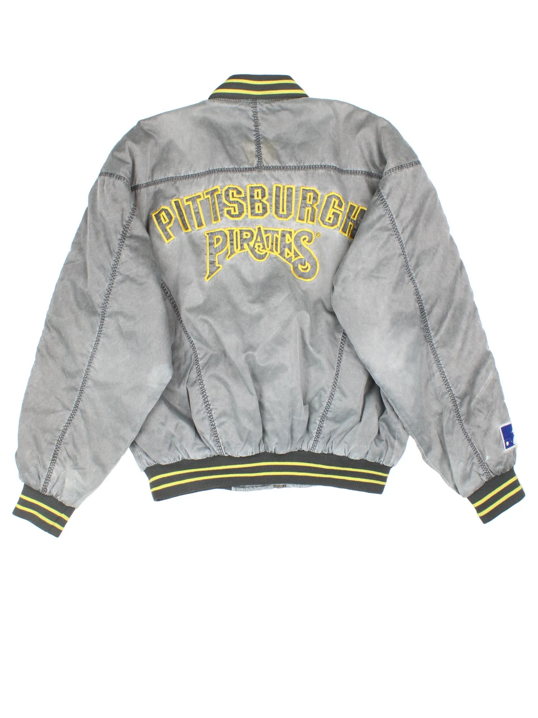 Pittsburgh Pirates MLB Bomber Jacket in a grey colourway. Zips up and has side pockets, insulated lining, contrast stitching detailng all over and has the logo embroidered on the front and spell out on the back.
