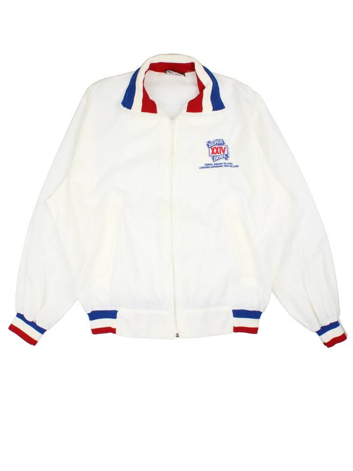 1990 NFL Super Bowl Nylon Jacket in a white colourway. Zips up and has side pockets, and the logo embroidered on the front.