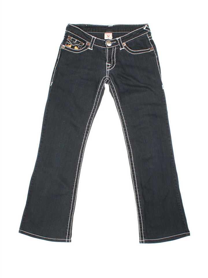 Y2K True Religion Trousers in a black colourway with white contrast stitching details, has front pockets and the logo embroidered on the right pocket.