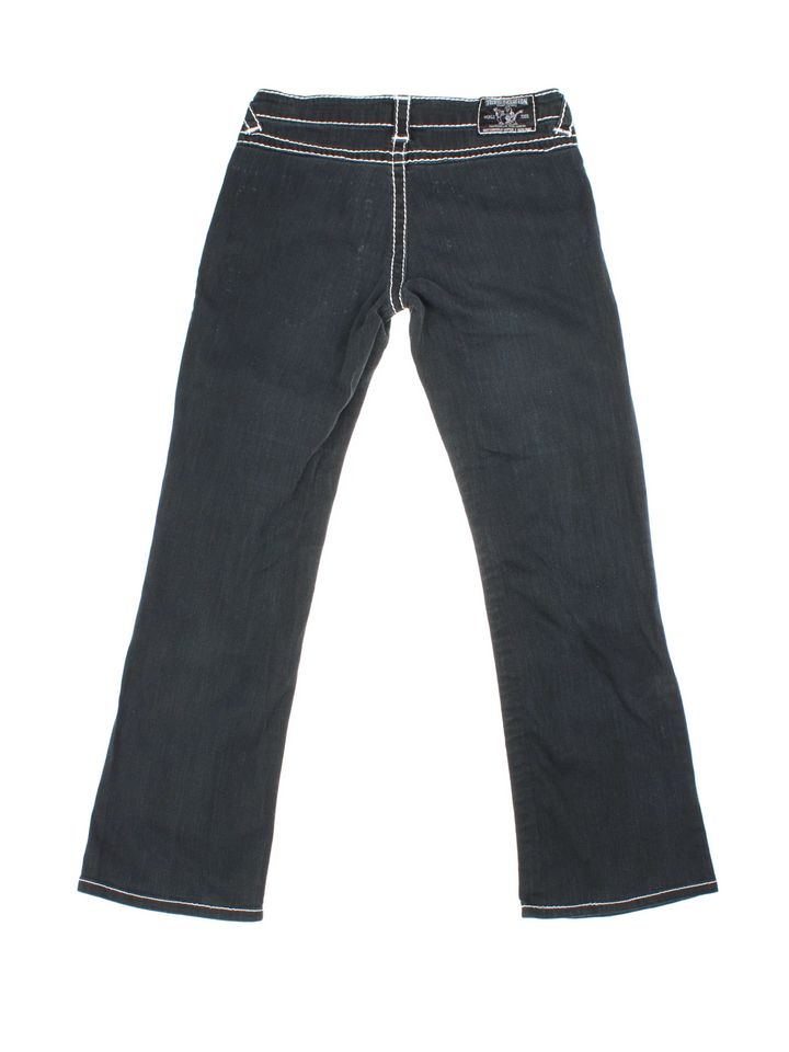 Y2K True Religion Trousers in a black colourway with white contrast stitching details, has front pockets and the logo embroidered on the right pocket.