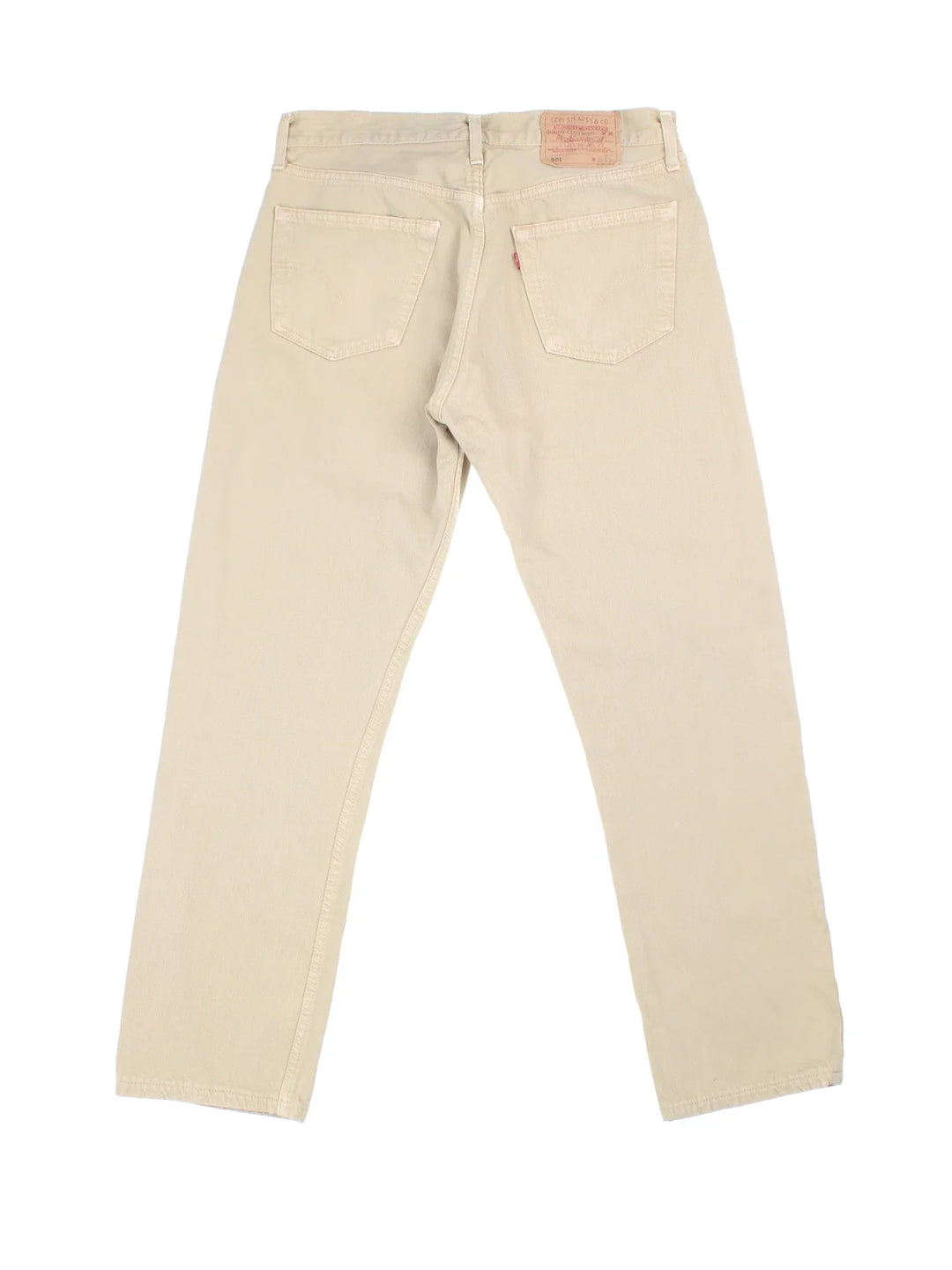 Levi Strauss 501 Jeans in tan colourway with multiple pockets and the logo embroidered on the back.
