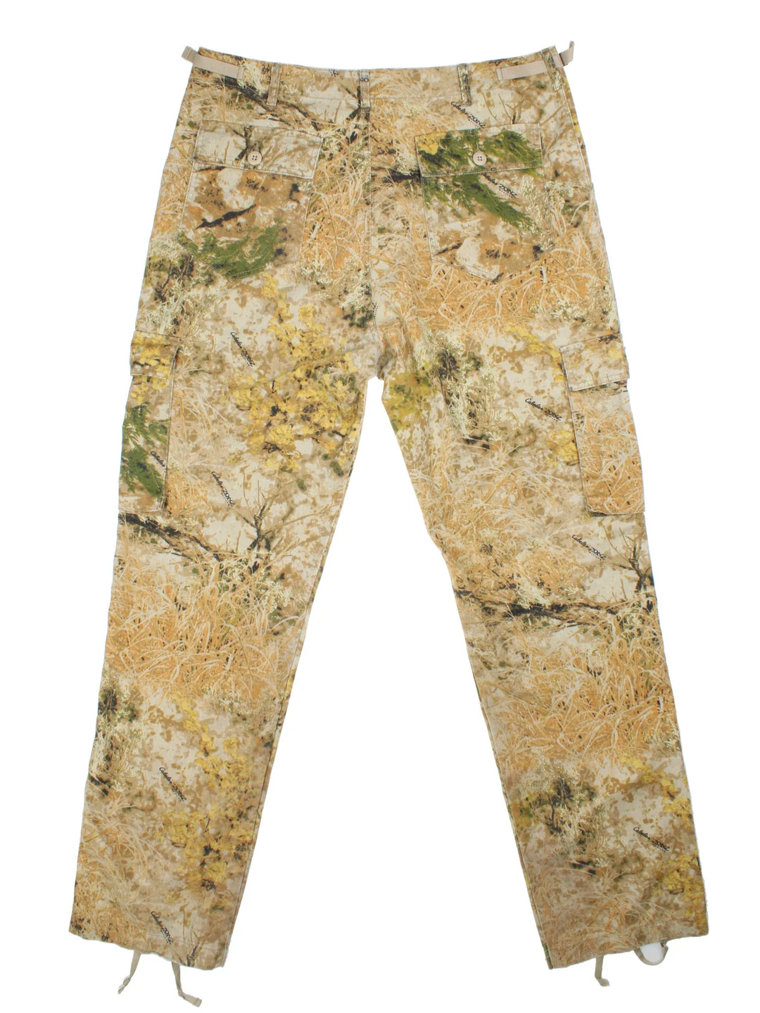 Vintage Cabelas Outdoor Camo Cargo Trousers in tan brown, and green patterned colourway with multiple pockets and the logo embroidered on the back.