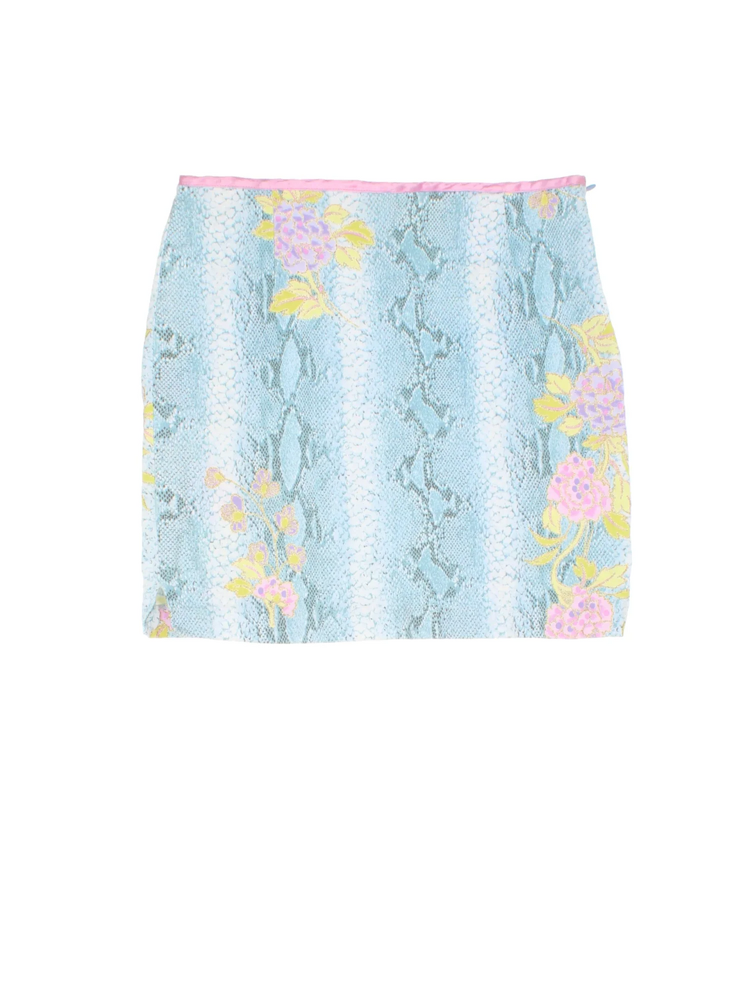Vintage Y2K mini skirt in blue/pink colourway with all over print and glitter detail.