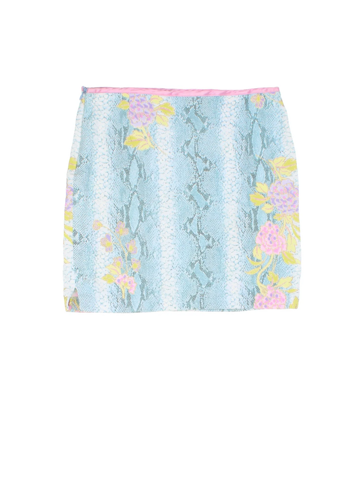 Vintage Y2K mini skirt in blue/pink colourway with all over print and glitter detail.